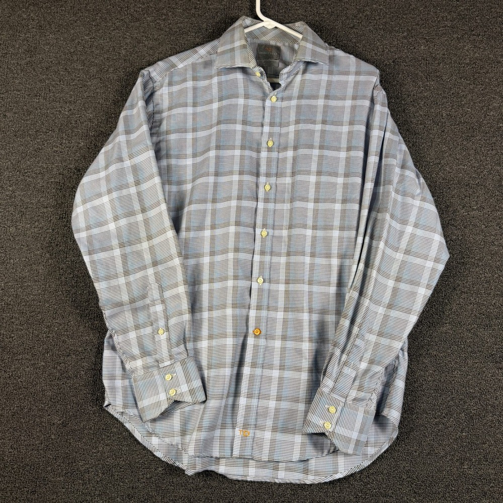 Thomas Dean Mens Blue Plaid Cotton Button Down Shirt Spread Collar Large L